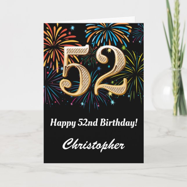Carte 52e anniversaire Rainbow Fireworks noir et or (Devant)