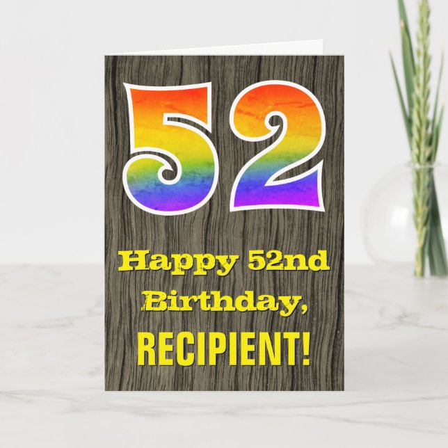 Carte 52e anniversaire : Rustic Faux Wood Look, Arc-en-c (Devant)
