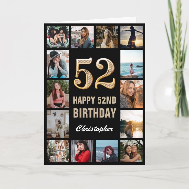 Carte 52e Joyeux Anniversaire Black and Gold Photo Colla (Devant)