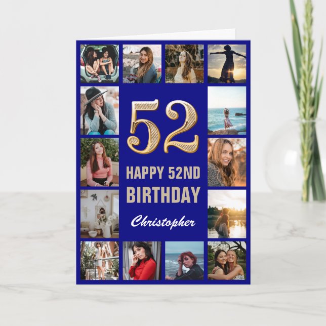 Carte 52e Joyeux Anniversaire Marine Bleu & Gold Photo C (Devant)