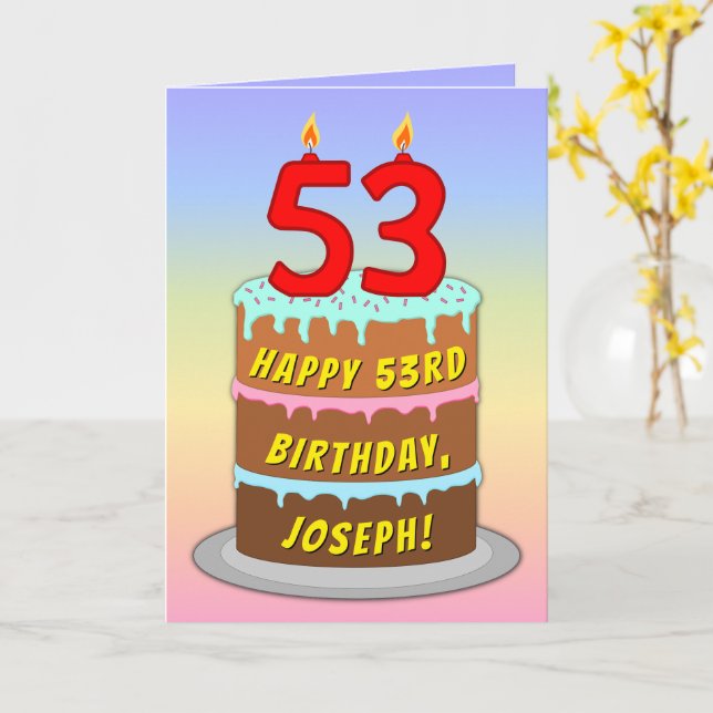 Carte 53e anniversaire — Fun Cake & Candles, avec nom pe (Fleur jaune)