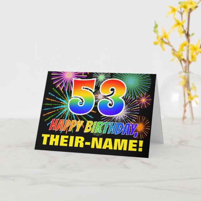 Carte 53e anniversaire : Gras, Amusants, Feu d'artifice, (Fleur jaune)