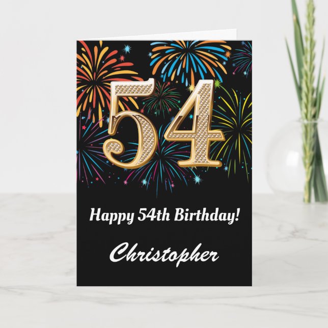 Carte 54e anniversaire Rainbow Fireworks noir et or (Devant)