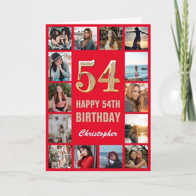 Carte 54e Joyeux Anniversaire Collage photo rouge et or (Devant)