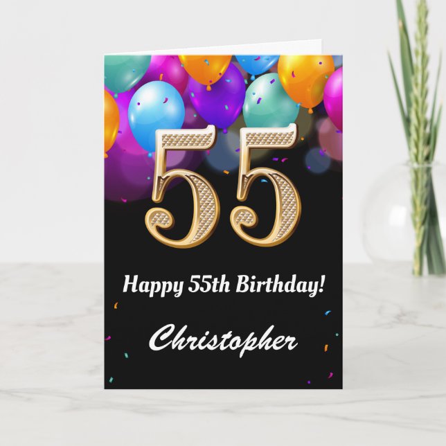 Carte 55e anniversaire Ballons noirs et dorés (Devant)