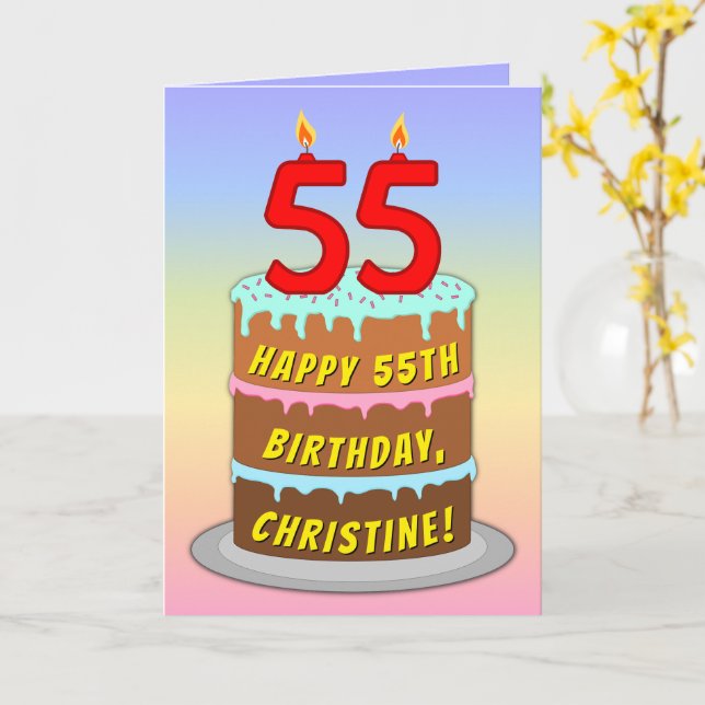 Carte 55e anniversaire — Fun Cake & Candles, avec nom pe (Fleur jaune)