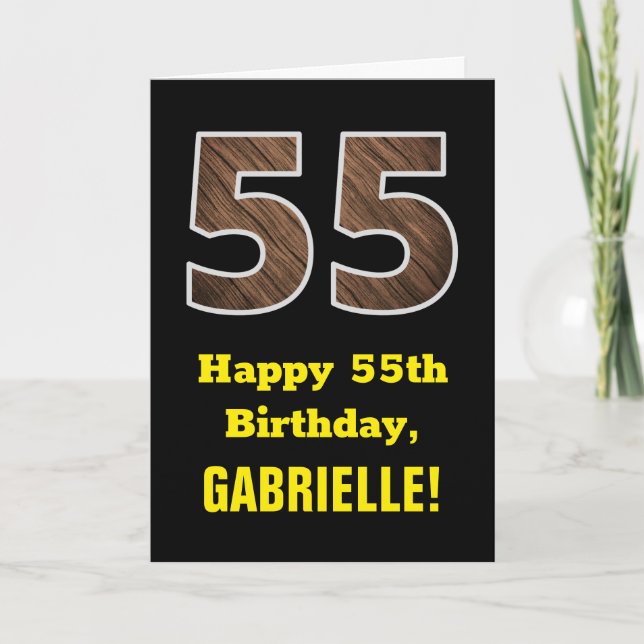 Carte 55e anniversaire : Nom, Motif Faux Wood Grain "55" (Devant)