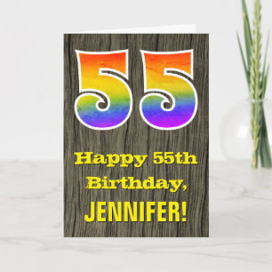 Carte 55e anniversaire : Rustic Faux Wood Look, Arc-en-c