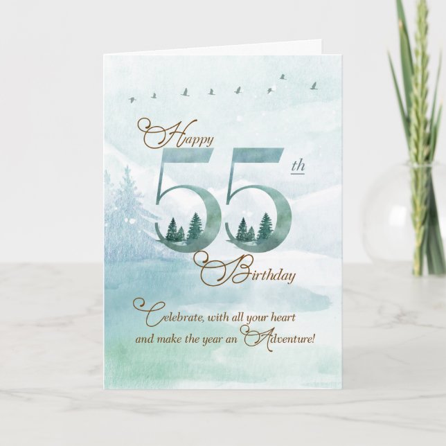 Carte 55th Birthday Evergreen Pines and Deer Nature (Devant)