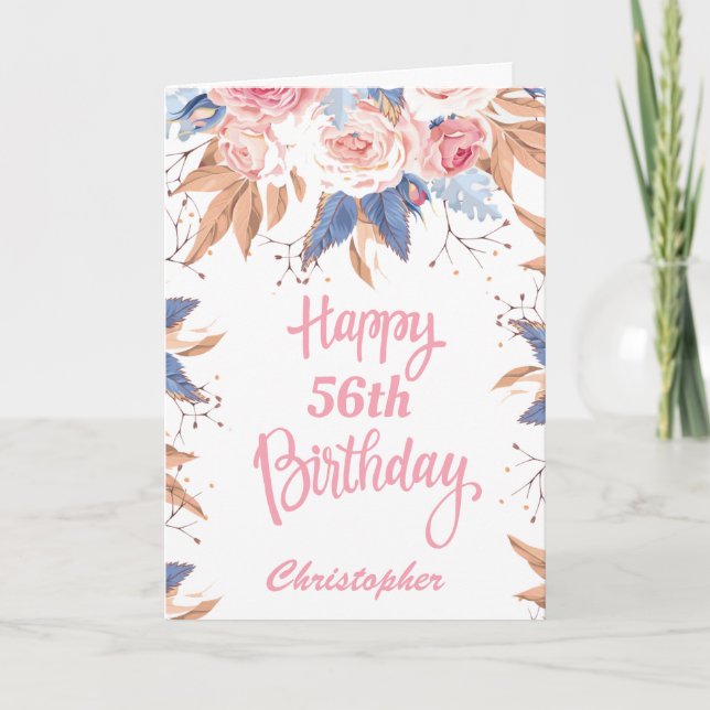 Carte 56e anniversaire Aquarelle Botanique Rose Floral (Devant)