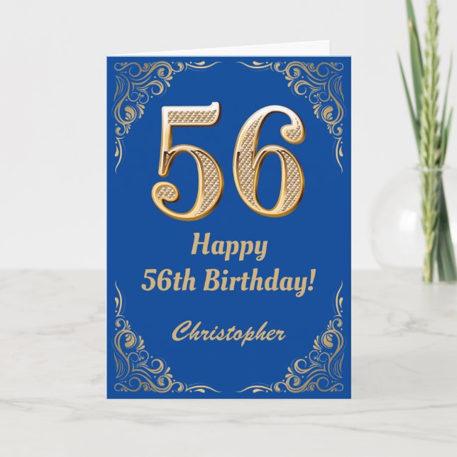 Carte 56e anniversaire Cadre Parties scintillant bleu et (Devant)