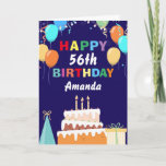 Carte 56e anniversaire du birman Balloons Cake Navy Blue<br><div class="desc">56th Happy Birthday Colorful Balloons Cake Navy Blue with personalized name. For further customization,  please click the "Customize it" button and use our design tool to modify this template.</div>