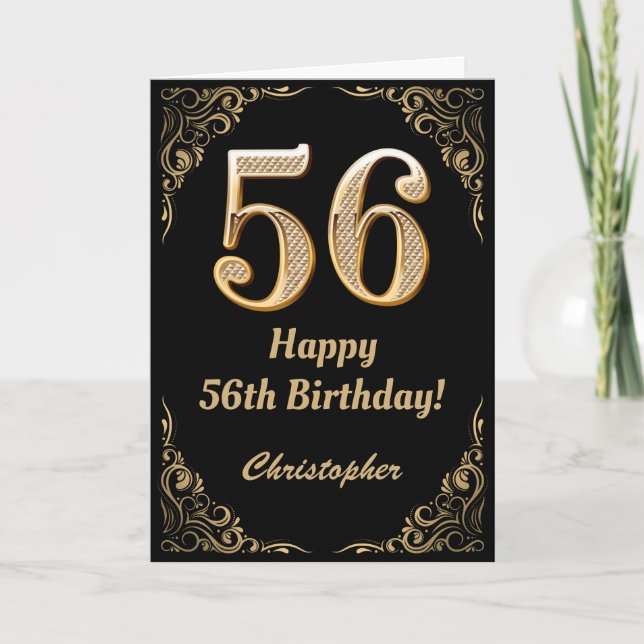 Carte 56e anniversaire Parties scintillant noir et or ca (Devant)