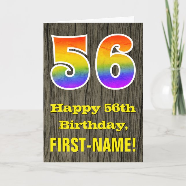 Carte 56e anniversaire : Rustic Faux Wood Look, Arc-en-c (Devant)