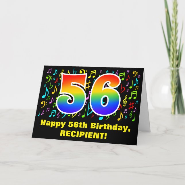 Carte 56e Anniversaire : Symboles de musique colorés & A (Devant)