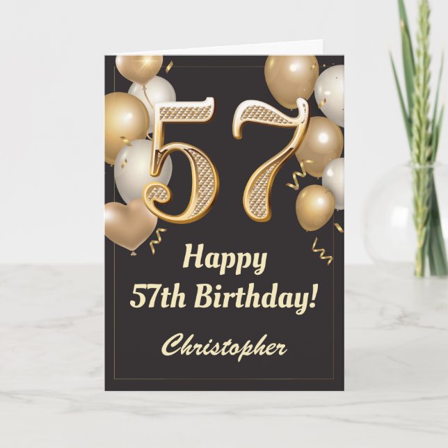 Carte 57e anniversaire Ballons Noir et Or Confetti (Devant)