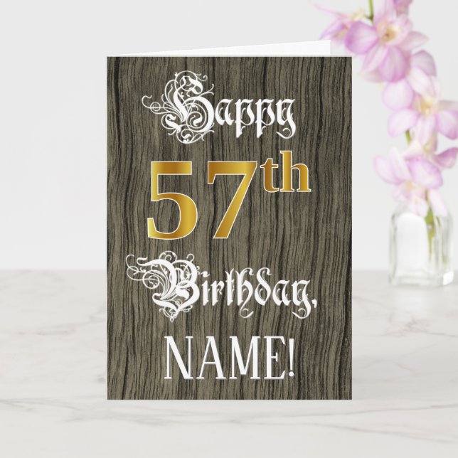 Carte 57e anniversaire : Faux Gold Look + Faux Wood Moti (Orchidée)