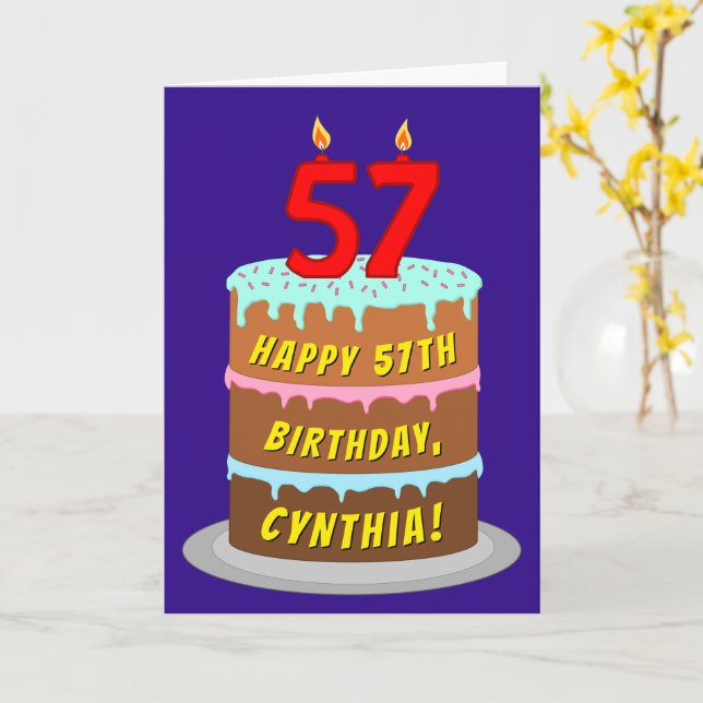 Carte 57e anniversaire : Gâteau et bougies amusants + No (Fleur jaune)