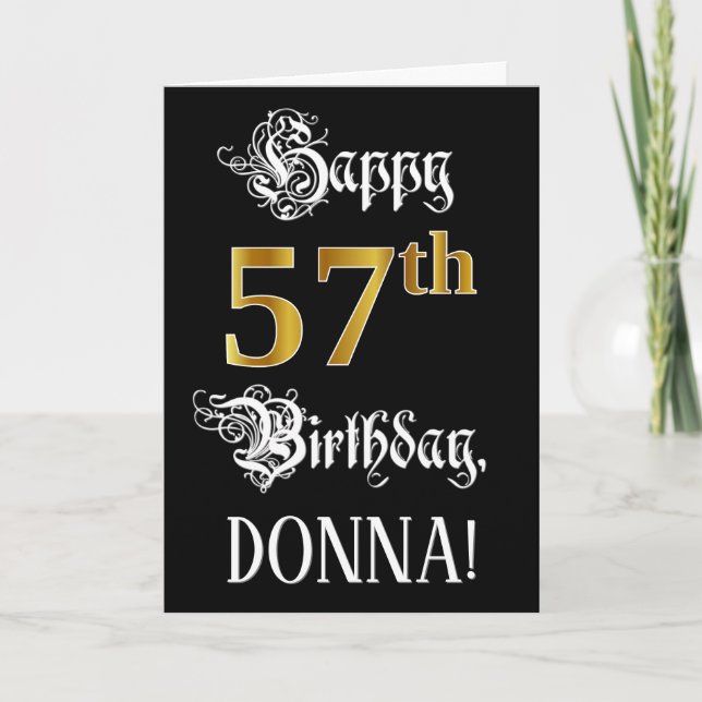 Carte 57e anniversaire — Script fantaisie; look or Faux; (Devant)
