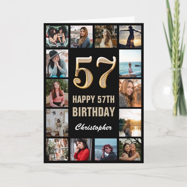 Carte 57e Joyeux Anniversaire Black and Gold Photo Colla (Devant)