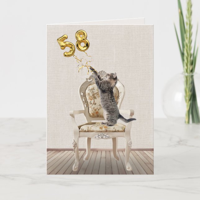 Carte 58e anniversaire Ballons et Tabby Cat (Devant)