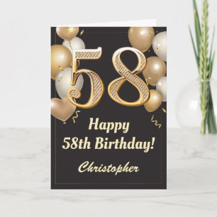 Carte 58e anniversaire Ballons Noir et Or Confetti