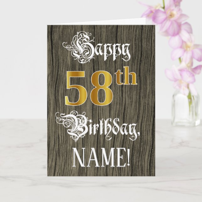 Carte 58e anniversaire : Faux Gold Look + Faux Wood Moti (Orchidée)