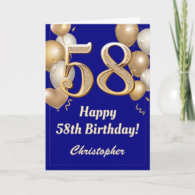 Carte 58e anniversaire Marine Bleu et Ballons d'or Confe (Devant)