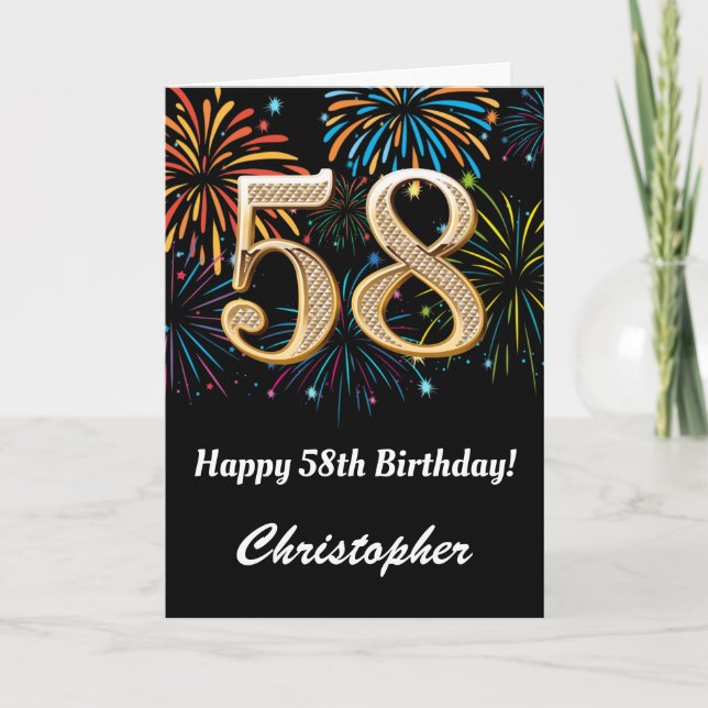 Carte 58e anniversaire Rainbow Fireworks noir et or (Devant)