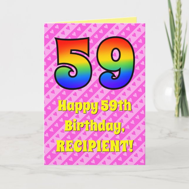 Carte 59e anniversaire : Pink Stripes & Hearts, Arc en c (Devant)