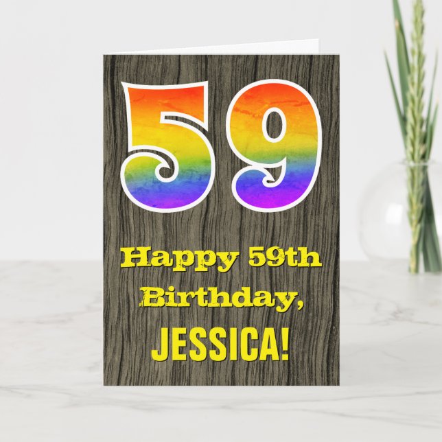 Carte 59e anniversaire : Rustic Faux Wood Look, Rainbow  (Devant)