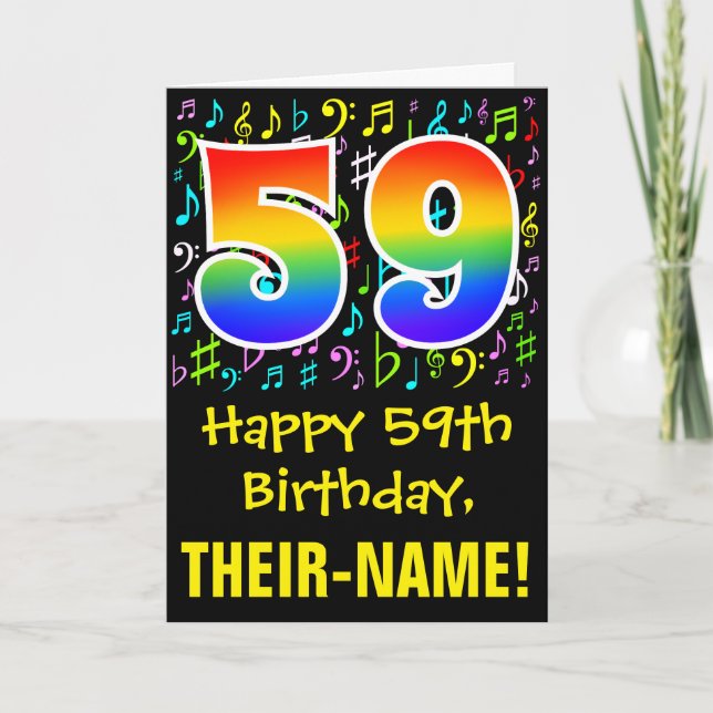 Carte 59e anniversaire : Symboles de musique colorée + A (Devant)