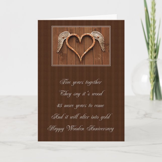 Carte 5 ans Anniversaire du coeur en bois (Devant)