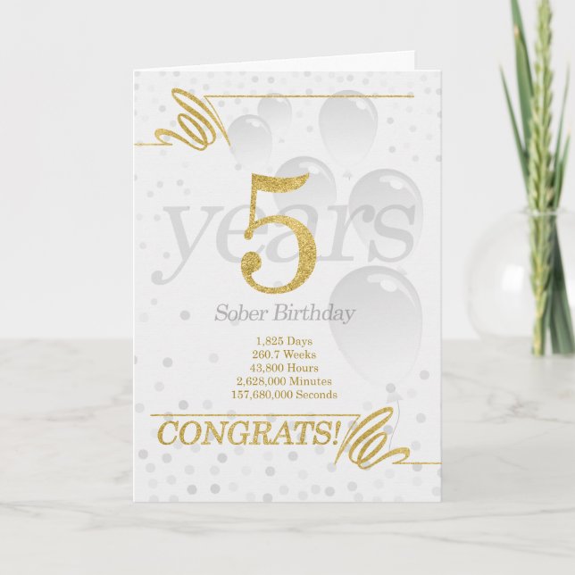 Carte 5 ans Sober Anniversaire Faux Gold Parties scintil (Devant)