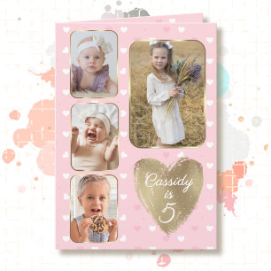 Carte 5e anniversaire 4 photos en collage cœurs rose or