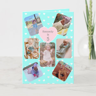 Carte 5e Anniversaire 7 Collage de Photos Turquoise Rose