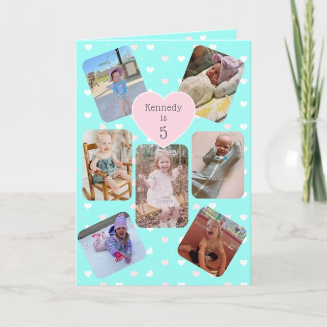 Carte 5e Anniversaire 7 Collage de Photos Turquoise Rose (Devant)