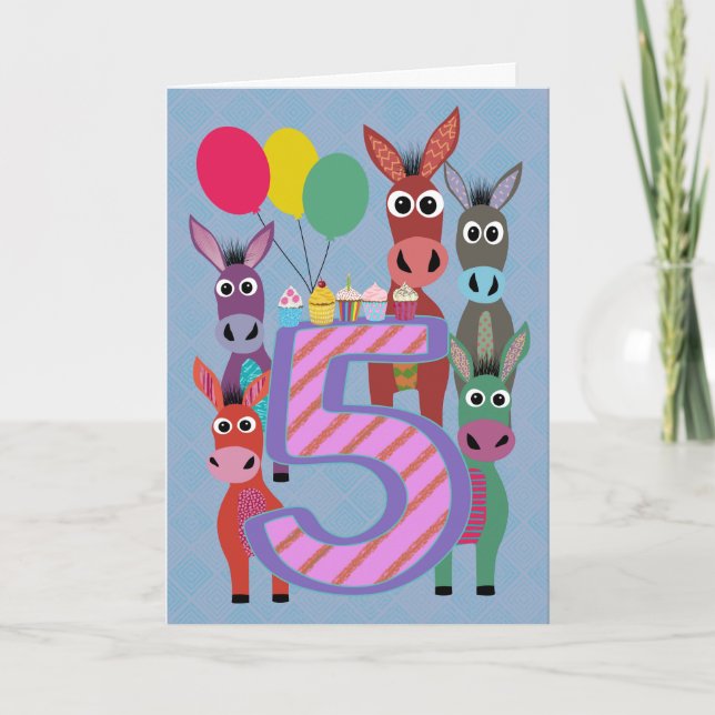 Carte 5e anniversaire avec cinq ânes et gâteaux (Devant)