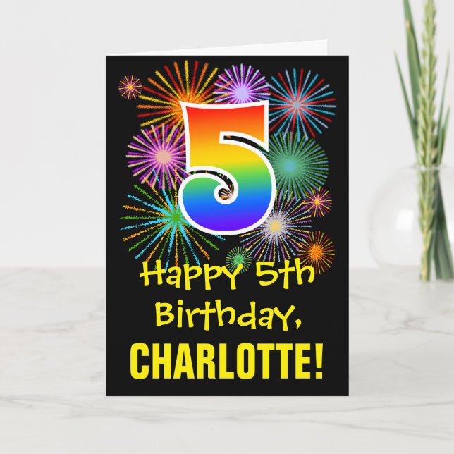 Carte 5e anniversaire : Fun Motif Fireworks + Rainbow 5 (Devant)