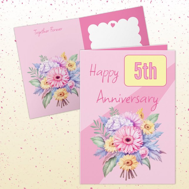 Carte 5e anniversaire gerbera fleurs rose (Créateur téléchargé)