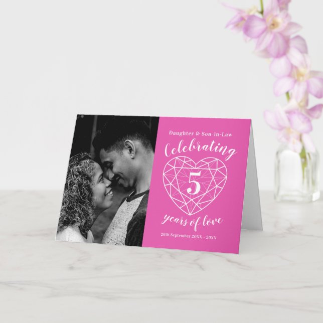 Carte 5e anniversaire Mariage coeur rose tourmaline (Orchidée)
