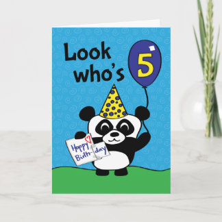 Carte 5e anniversaire - Panda garçon avec ballon et cart