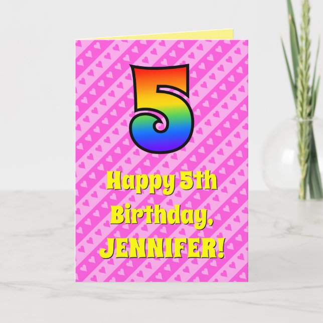 Carte 5e anniversaire : Pink Stripes & Hearts, Rainbow # (Devant)