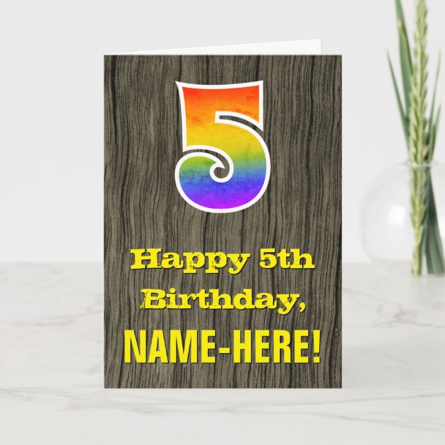 Carte 5e anniversaire : Rustic Faux Wood Look, Rainbow " (Devant)