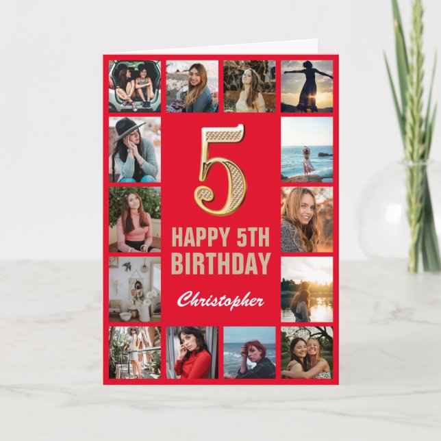 Carte 5e Joyeux Anniversaire Collage photo rouge et or (Devant)