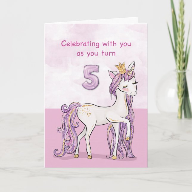 Carte 5ème Anniversaire Cheval Rose Avec Couronne (Devant)