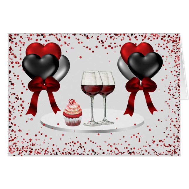 Carte 5x7 Amour en Blanc avec Coeurs Rouge et Noir (Devant horizontal)