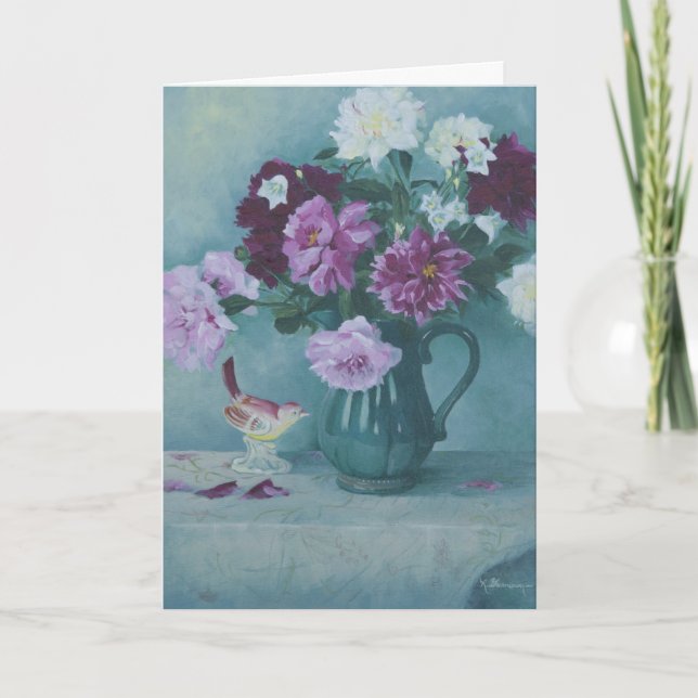 Carte 6027 Peonies en Pitcher & Bird Birthday Card (Devant)