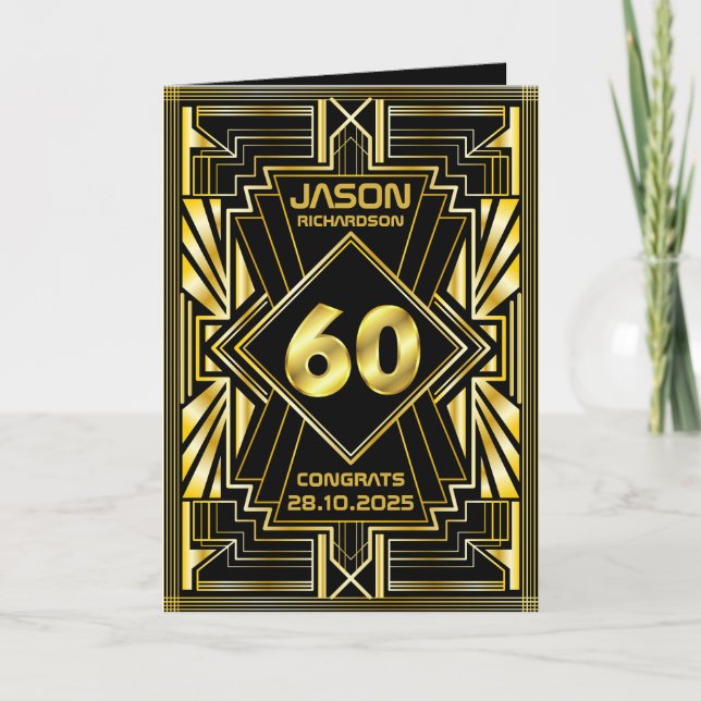 Carte 60e anniversaire Art Déco Gold Black Great Gatsby (Devant)