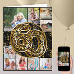 Carte 60e anniversaire Empreinte de léopard Ballons d'or<br><div class="desc">Carte de 60ème anniversaire personnalisée avec 9 photos personnalisées et ballons en papier empreinte de léopard tendance en noir et or. Le modèle est prêt pour vous à télécharger 9 de vos photos préférées qui sont affichées dans un collage photo en formats carré et portrait. Vos photos entourent les ballons...</div>